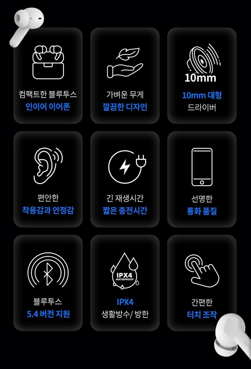 필립스 무선 ENC노이즈캔슬링 블루투스 이어폰, TAT1109, 화이트 상세 이미지 1